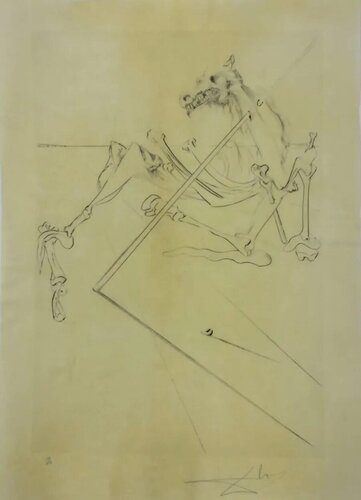 Le soleil conchant allonge le squelette noir d' un grand cheval tres grand... la tête est soutnne par le fer dúne lance par Salvador Dalí, Édition en vente sur Singulart