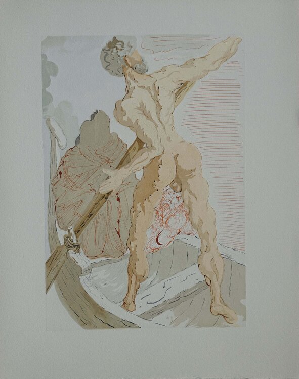 Charon et le passage de l'Achéron, Bois gravé original Salvador Dalí