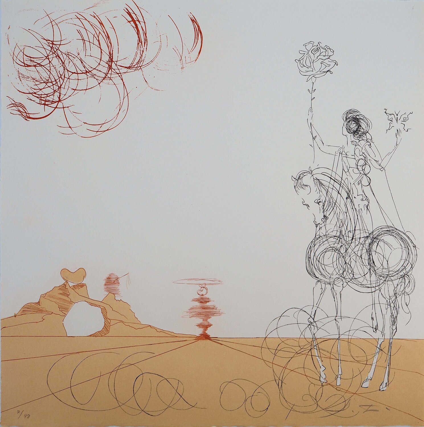 Désert fabuleux, Cavalier à la rose, Gravure originale signée Salvador Dalí Stampa in vendita