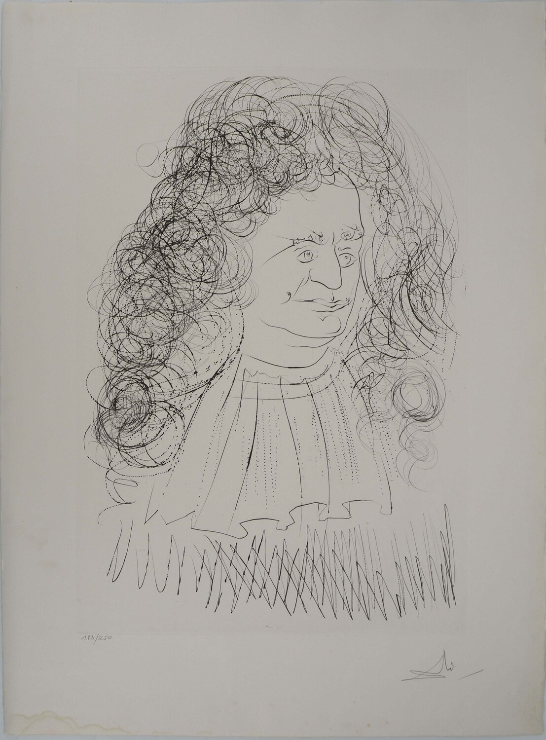 Le Bestiaire de La Fontaine, Portrait de La Fontaine, Gravure originale signée Salvador Dalí Édition à vendre