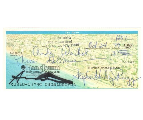 $3, Bank Check, SIGNED di Andy Warhol, Opera su carta in vendita su Singulart