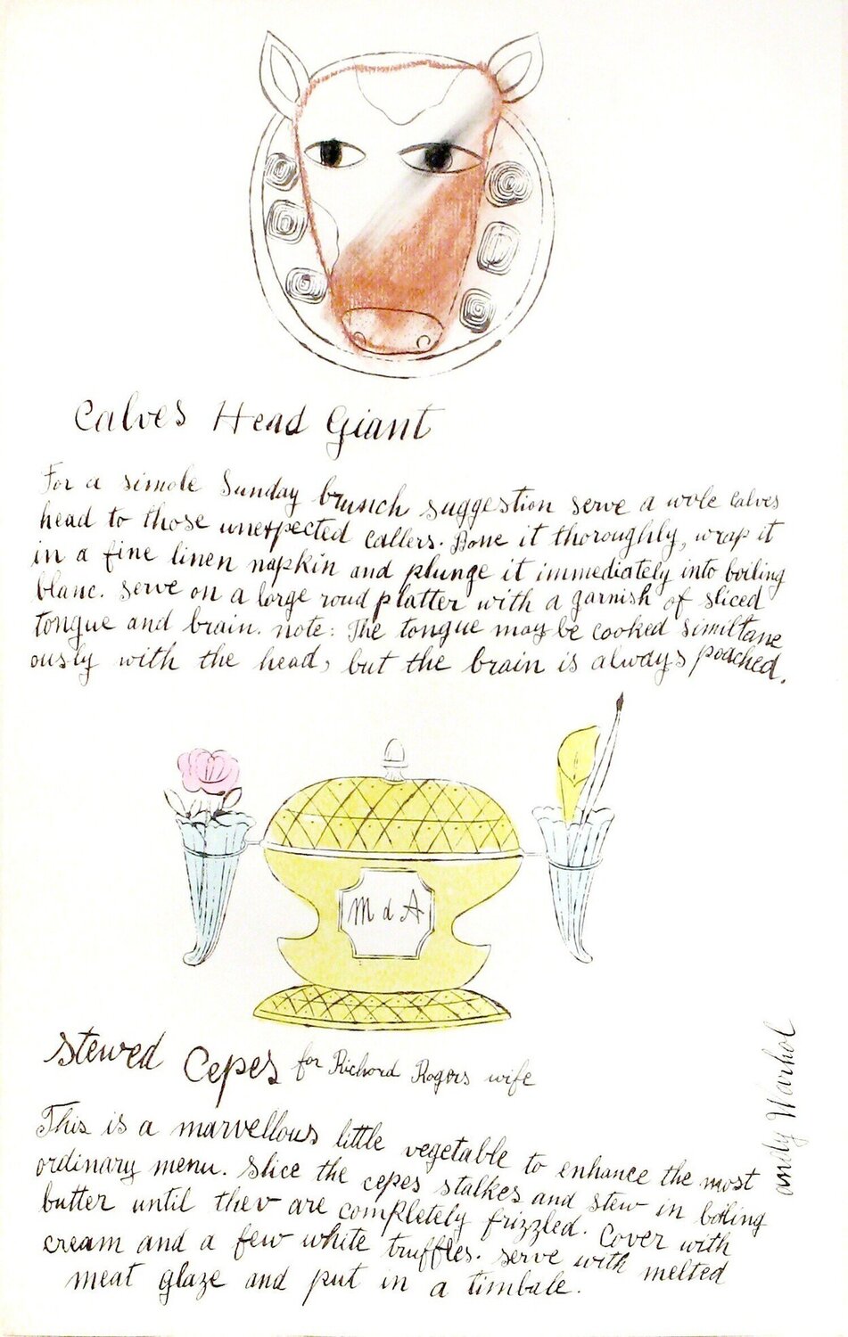 Calves Head Giant and Stewed Crepes, Wild Raspberries Andy Warhol Werk auf Papier zu verkaufen