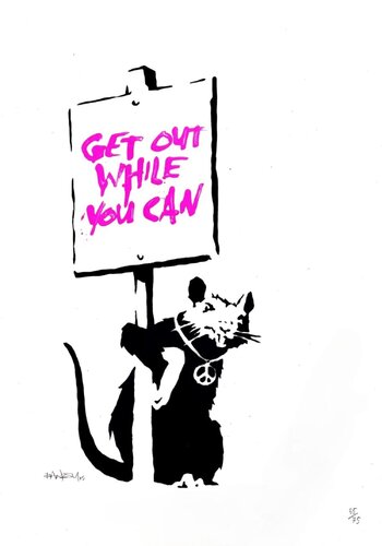 Get Out While You Can (Signed) (Pink) di Banksy, Stampa in vendita su Singulart