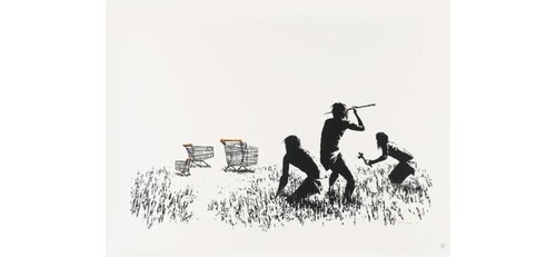 Trolleys B/W Unsigned 2006 (mint+unframed with Pest Control COA) van Banksy, Afdruk te koop op Singulart