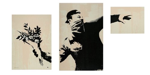 Flower Thrower Triptych (Grey) di Banksy, Stampa in vendita su Singulart
