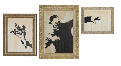Flower Thrower Triptych (Grey) di Banksy, Stampa in vendita su Singulart