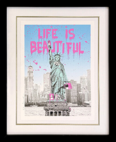 Lady Liberty (Pink), rare framed hand signed screen print van Mr. Brainwash, Afdruk te koop op Singulart