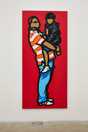Man with dark glasses carrying a young boy with a Gap t-shirt van Julian Opie, Schilderij te koop op Singulart