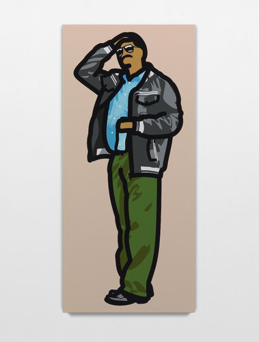 Man with a moustache and dark glasses holding a water bottle par Julian Opie, Peinture en vente sur Singulart