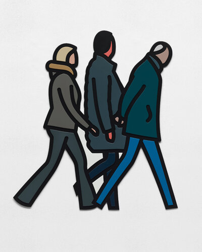 Fur collar flared trousers black hair puffer coat grey hair blue jeans par Julian Opie, Peinture en vente sur Singulart