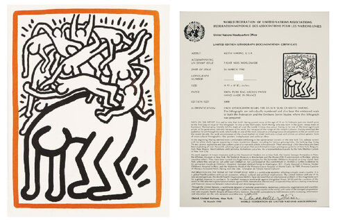 Untitled, 1990, Lithograph, Edition of 1000, World Federation of the United Nations, Postmarked. van Keith Haring, Afdruk te koop op Singulart
