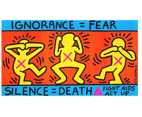 Ignorance = Fear = Silence = Death/ Fight Aids Act Up, Poster, Lithograph, AIDS Coalition ACT UP,  ORIGINAL with TWO INKS (matte & semi-gloss) van Keith Haring, Afdruk te koop op Singulart