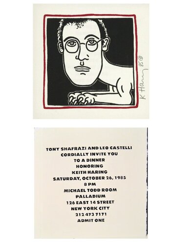 SELF-PORTRAIT (Invitation to Palladium Haring Dinner Party), 1985, SIGNED/Dated Edition. van Keith Haring, Afdruk te koop op Singulart