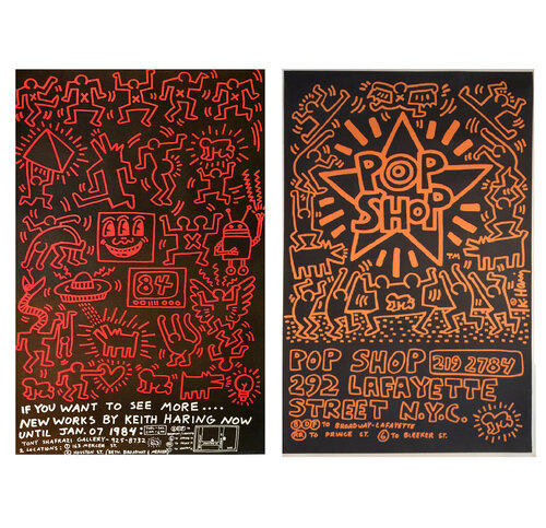 Two Poster Set: "POP SHOP", 1985 & "Keith Haring 84", Shafrazi Gallery, 1984, Street Past-Up Advertisement Posters di Keith Haring, Stampa in vendita su Singulart
