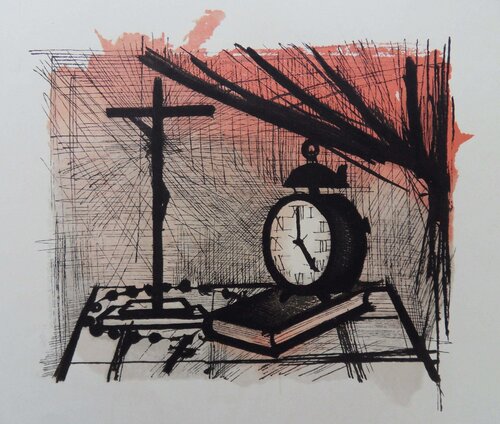 Table de chevet au réveil et au crucifix, Gravure Bernard Buffet