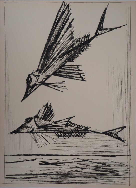 Poissons volants, Gravure originale Bernard Buffet