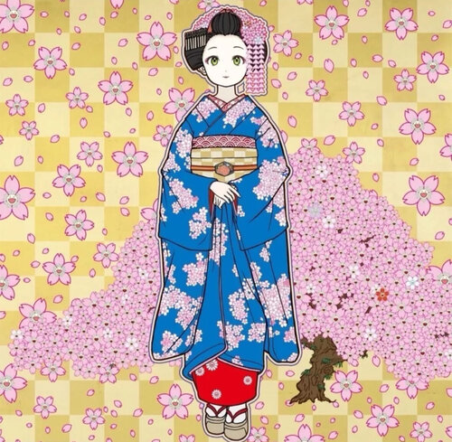 Maiko in Kyoto, Cherry Blossoms on Blue de Takashi Murakami, Impresión a la venta en Singulart