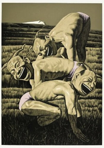The Grassland Series Woodcut 3 (Three Figures) di Yue Minjun, Stampa in vendita su Singulart