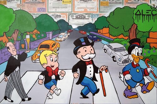 $ Team with Butler Crossing the Street van Alec Monopoly, Schilderij te koop op Singulart