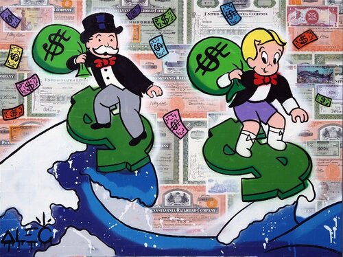 Monopoly and Richie $ Big Wave Surfing di Alec Monopoly, Pittura in vendita su Singulart