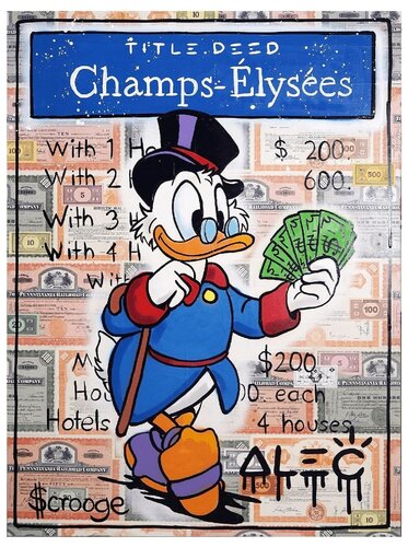 Scrooge Fanning Cash Out Champs-Elysees di Alec Monopoly, Pittura in vendita su Singulart