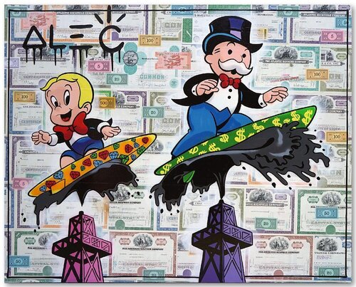 Richie and Monopoly Surfing on Oil van Alec Monopoly, Schilderij te koop op Singulart