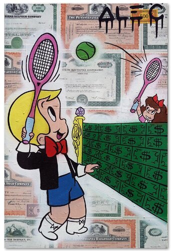 Richie Tennis Match Date Over $ Net van Alec Monopoly, Schilderij te koop op Singulart