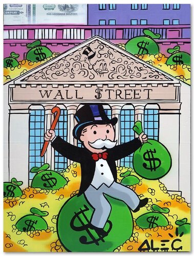 Monopoly Sitting on $ Bag Outside Wall Street van Alec Monopoly, Schilderij te koop op Singulart