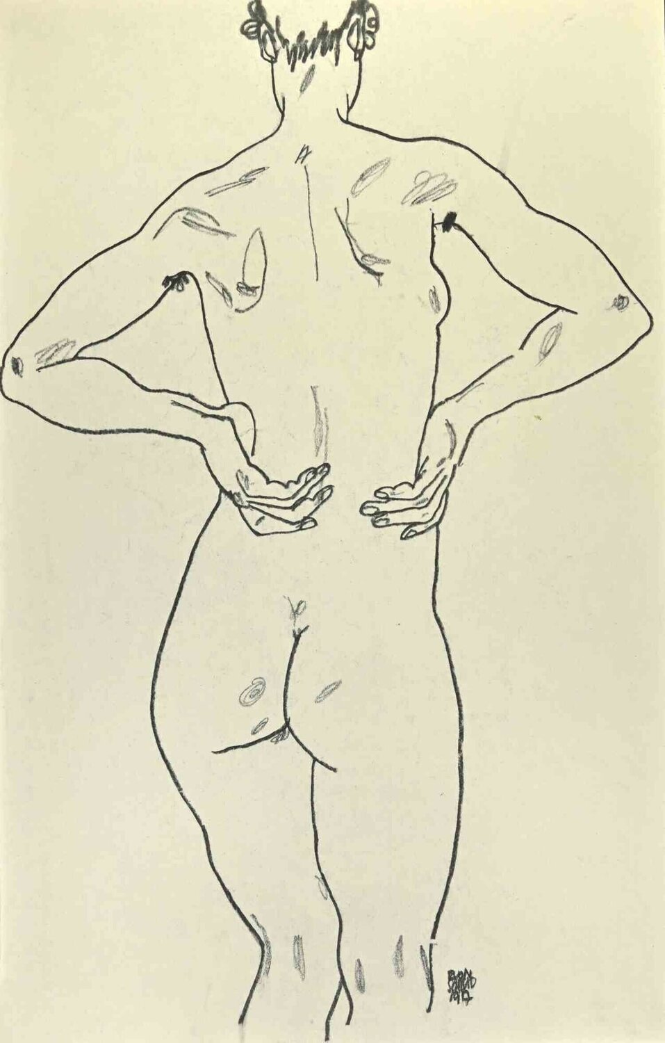 Female nude from the rear with hands on her hip Egon Schiele Druck zu verkaufen