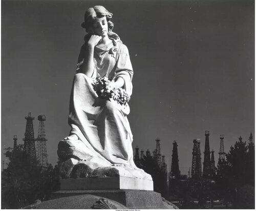 Cemetery Statue and Oil Derrick, Long Beach, CA van Ansel Adams, Fotografie te koop op Singulart
