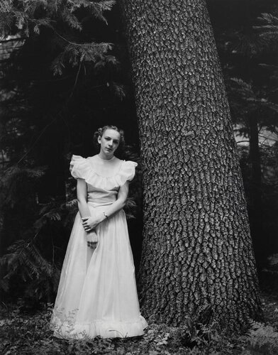 Graduation Dress, Yosemite Valley, CA (Woman in white dress next to tree) van Ansel Adams, Fotografie te koop op Singulart