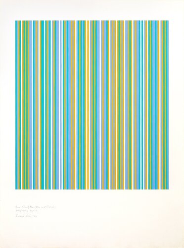 Three Colours (Blue, Yellow and Turquoise) Precipitating Magenta van Bridget Riley, Werk op papier te koop op Singulart