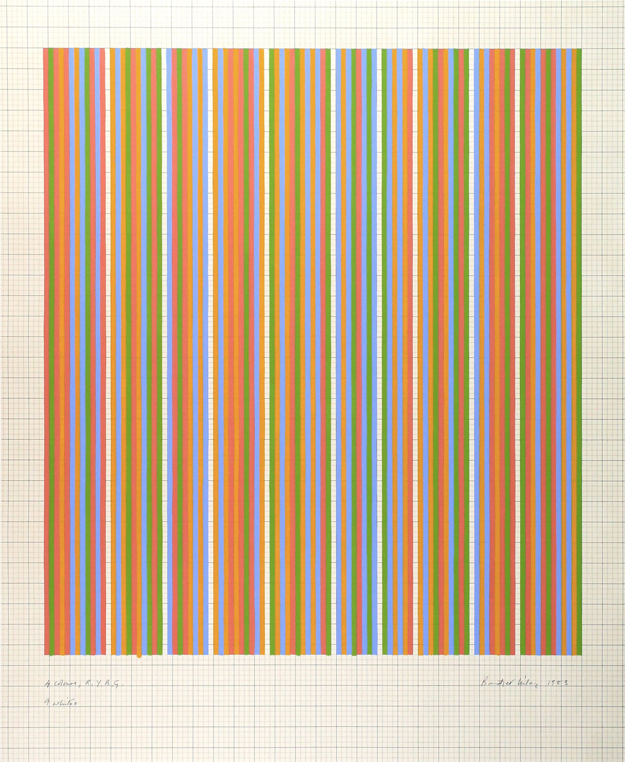 4 colours; R,Y,B,G. 9 whites Bridget Riley