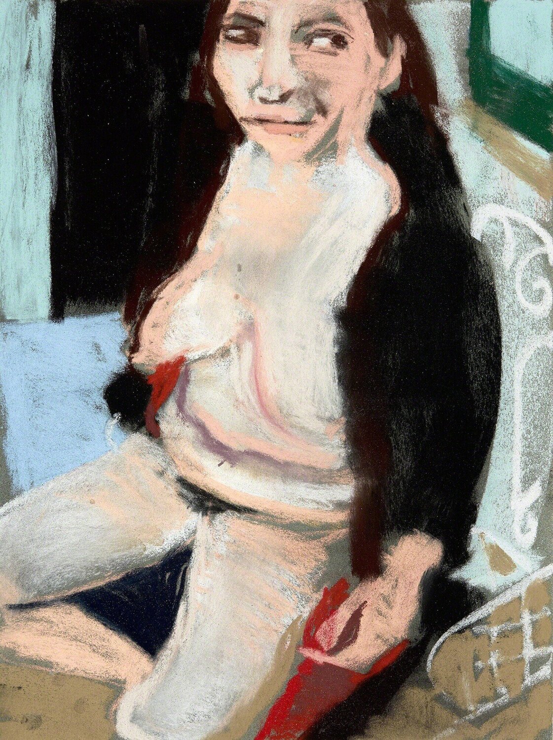 Self-Portrait in a Fake Fur Coat II Chantal Joffe Opera su carta in vendita