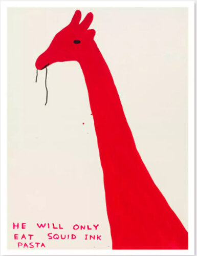 HE WILL ONLY EAT SQUID INK PASTA di David Shrigley, Stampa in vendita su Singulart
