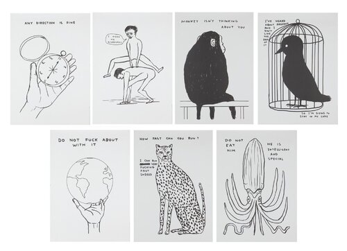 Untitled (I Mean No Disrespect, Do Not Fuck About With It, Any Direction Is Fine, I've Heard About Freedom, Monkey Isn't Thinking About You, Do Not Eat Him, How Fast Can You Run?) di David Shrigley, Stampa in vendita su Singulart