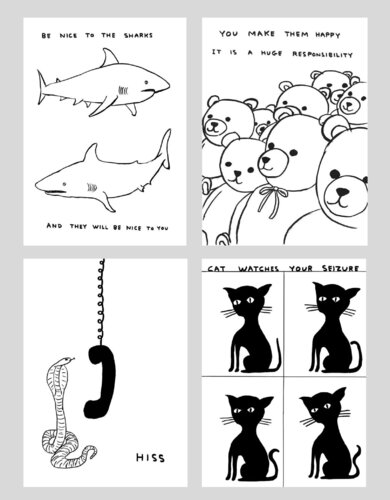 Untitled (Be Nice To Sharks, Hiss, You Make Them Happy, Cat Watches Your Seizure) di David Shrigley, Stampa in vendita su Singulart
