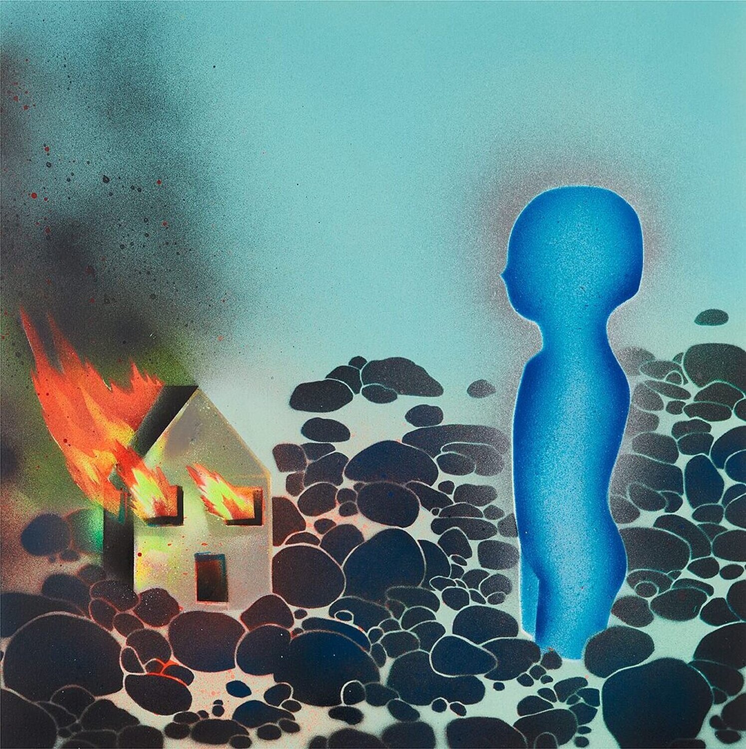 Burning House/Blue Figure David Wojnarowicz Originalgemälde zu verkaufen