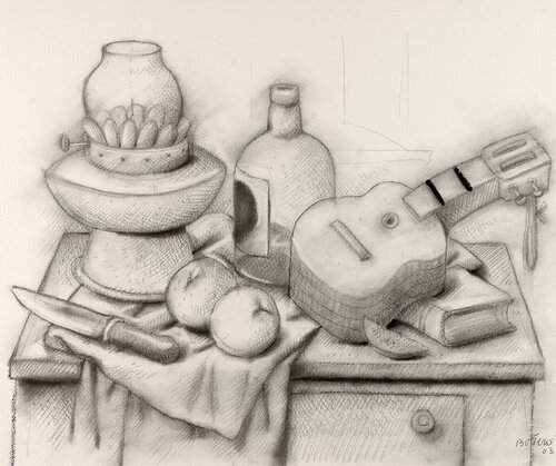 Nature morte à la guitare et la la lampe à huile di Fernando Botero, Opera su carta in vendita su Singulart