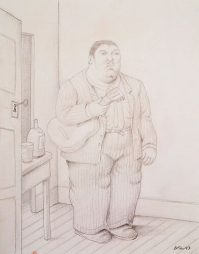 Man with Guitar van Fernando Botero, Werk op papier te koop op Singulart