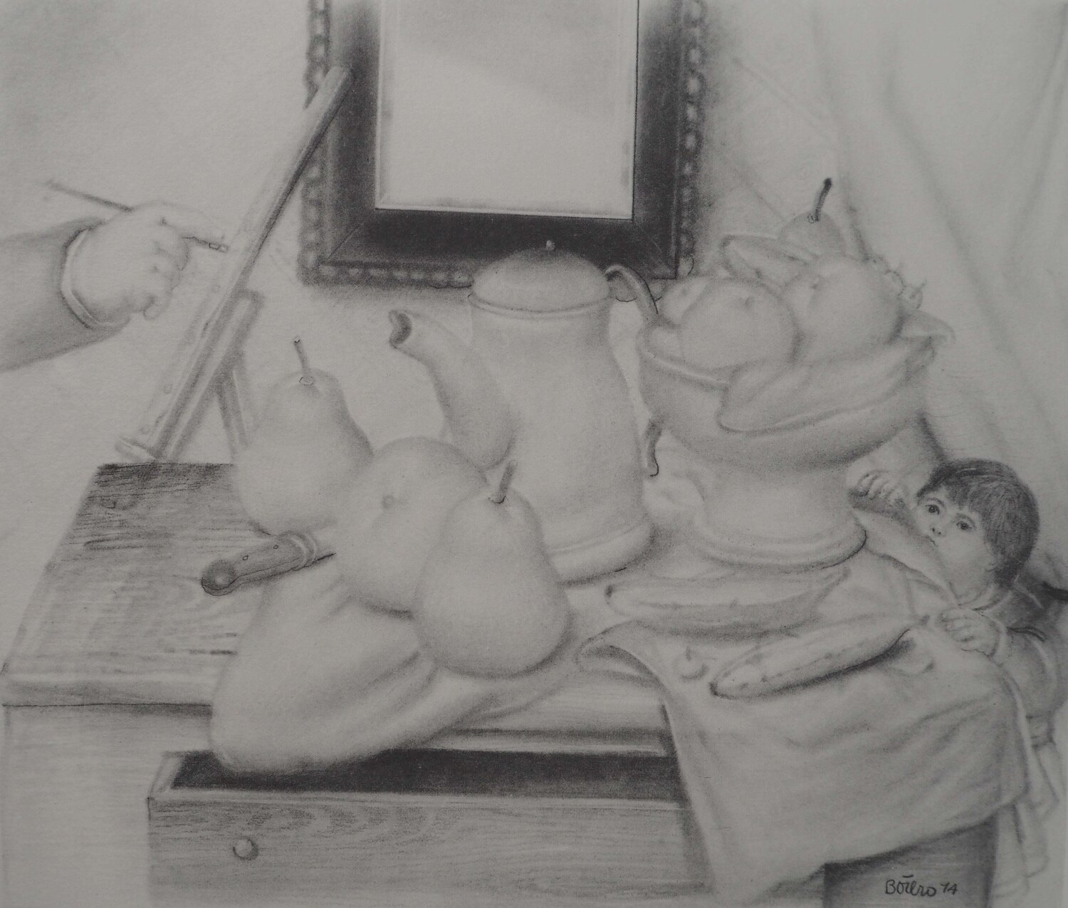 Peintre exécutant une nature morte et enfant Fernando Botero Stampa in vendita