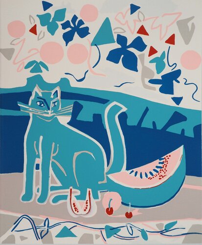 Table de cuisine, Chat et Fruits, Sérigraphie originale par Françoise Gilot, Édition en vente sur Singulart