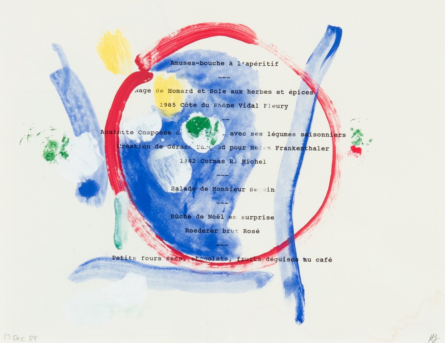 Menu from Hans Namuths' Dinner Party Helen Frankenthaler