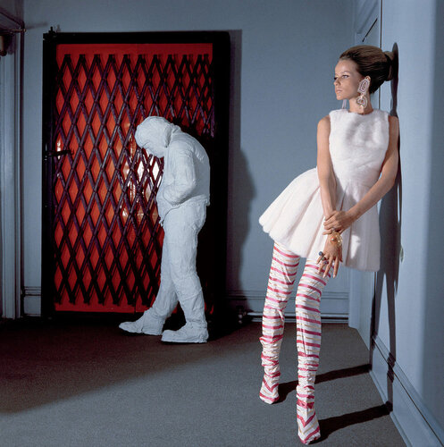 Veruschka in White Tennis Dress with George Segal's "Walking Man" van Horst P. Horst, Fotografie te koop op Singulart