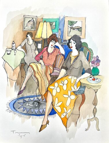 Cafe Conversations van Itzchak Tarkay, Werk op papier te koop op Singulart