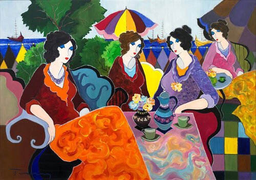 Ladies at Seaside (large original painting) von Itzchak Tarkay, Malerei kaufen auf Singulart