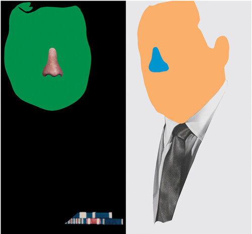 Noses & Ears, Etc.:The Gemini Series: Two Faces, One with Nose and Military Ribbons; One with (Blue) Nose and Tie van John Baldessari, Afdruk te koop op Singulart