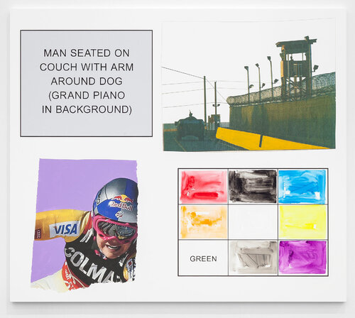 Storyboard (In 4 Parts): Man Seated On Couch With Arm Around Dog (Grand Piano In Background) van John Baldessari, Schilderij te koop op Singulart