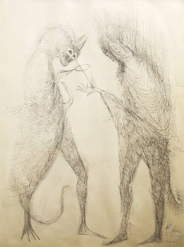 Dos personajes con lupa (Two Figures with Magnifying Glass) van Leonora Carrington, Werk op papier te koop op Singulart