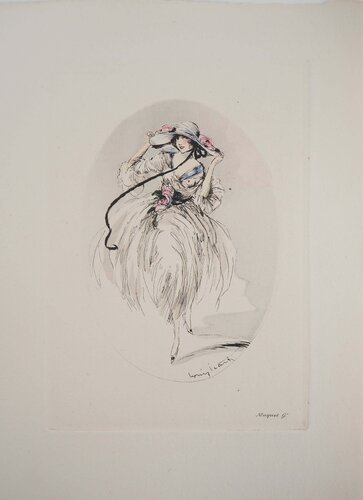 Jeune femme au chapeau paré de roses, Gravure originale signée von Louis Icart, Druck kaufen auf Singulart